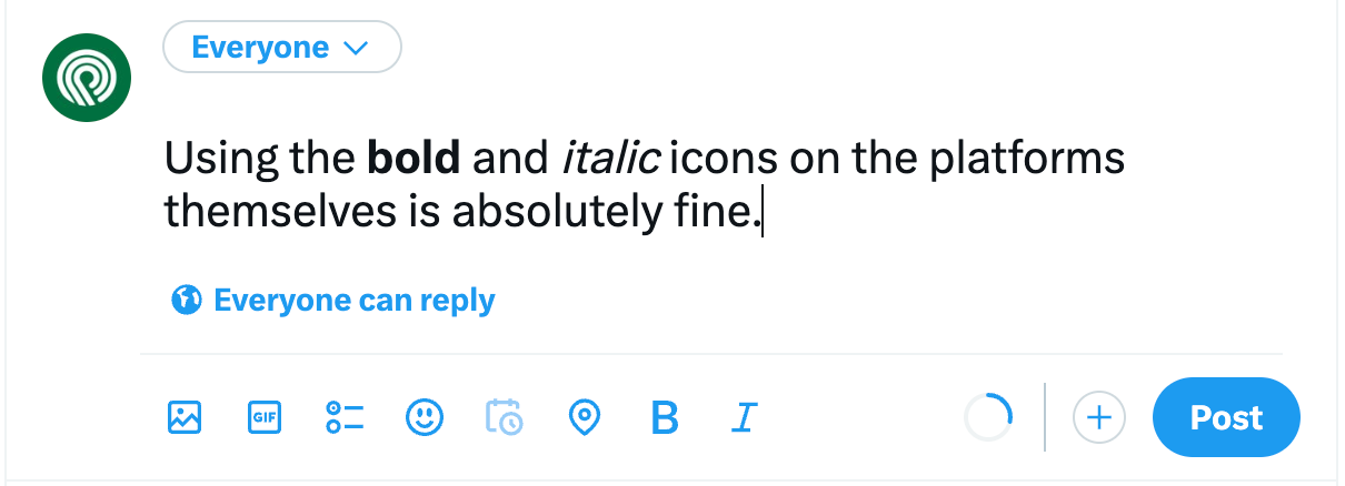 Screenshot showing the X posting tool on desktop with bold and italic buttons