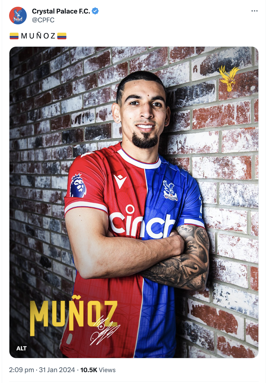 A screenshot of a post on Crystal Palace's X account that shows an image with the alt text label attached