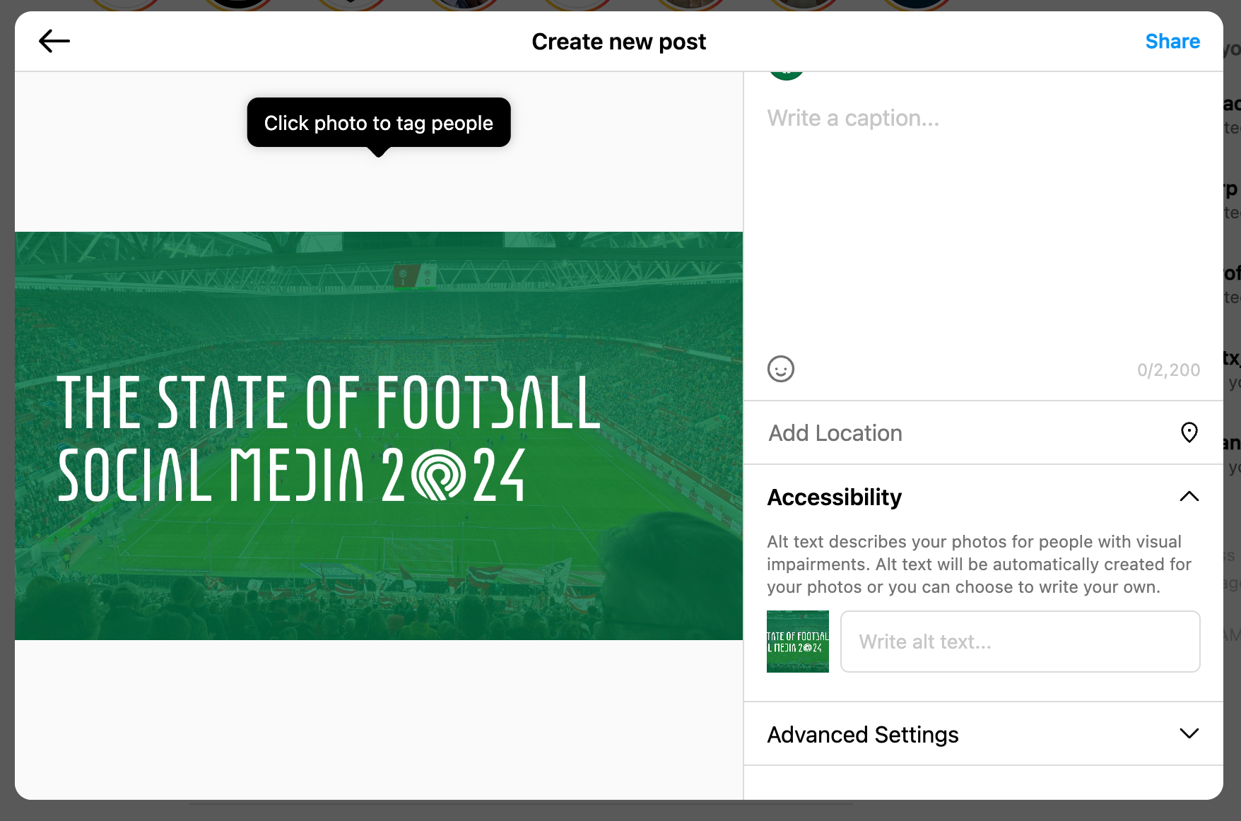 A screenshot of the posting window for Instagram on desktop, with the accessibility tab open