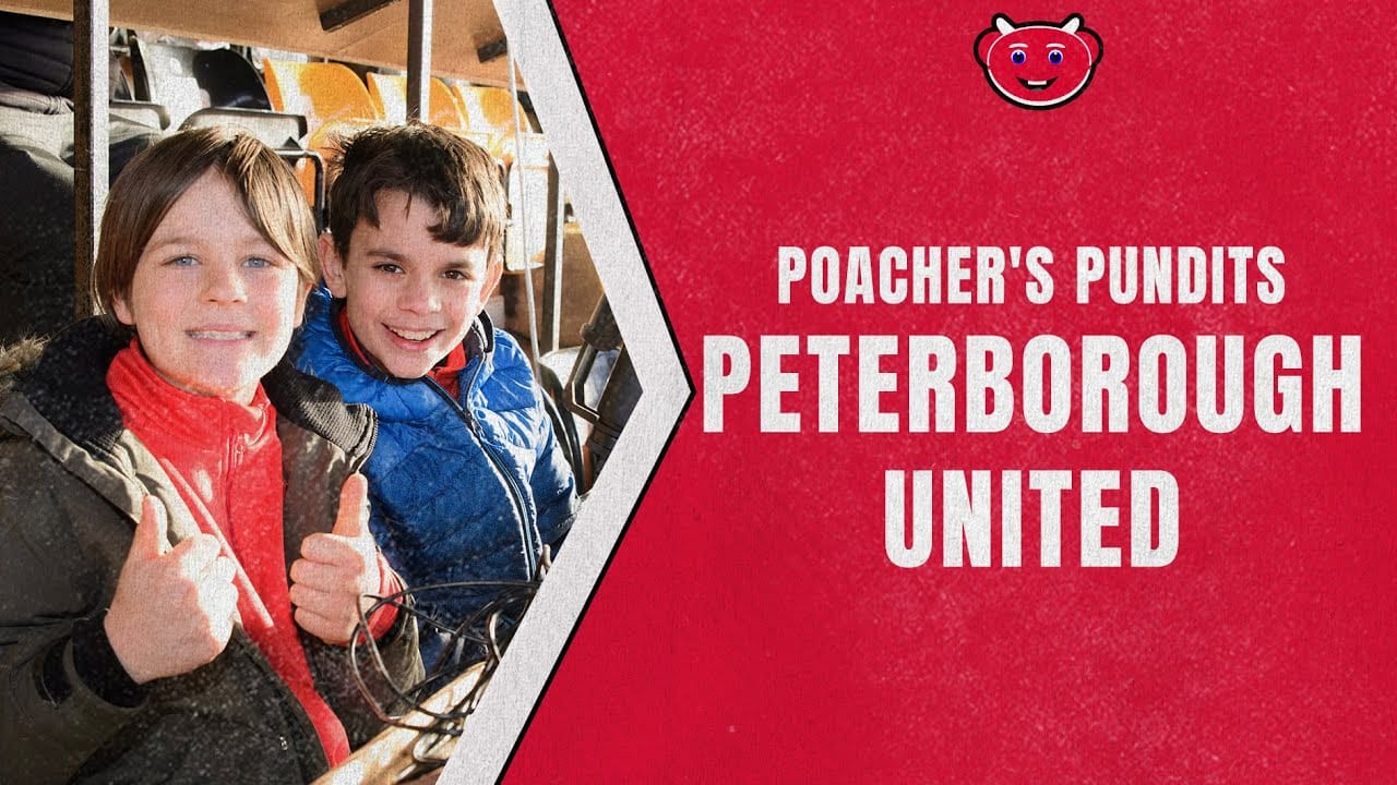 A cover image for Poacher's Pundits, a series from Lincoln City on YouTube, featuring two smiling kids who got to commentate on their game against Peterborough United