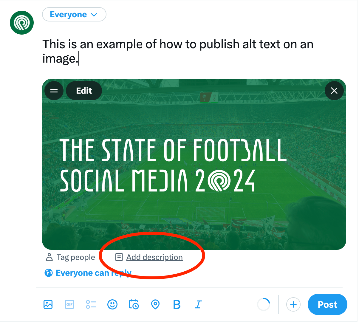 A screenshot of X on desktop with a red circle around the 'add description' button where people can add alt text